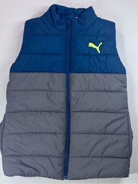 PUMA Boys Puffer Vest Full Zip, Medium 10/12 Gray/Blue, EUC